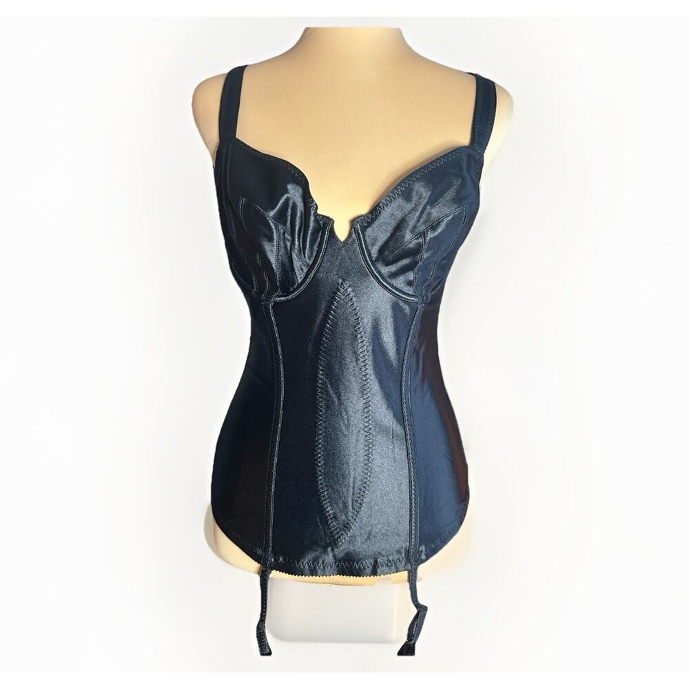 Vintage Natori Black Satin Bustier Corset Top W/ Garters 36C Dark Romantic Goth